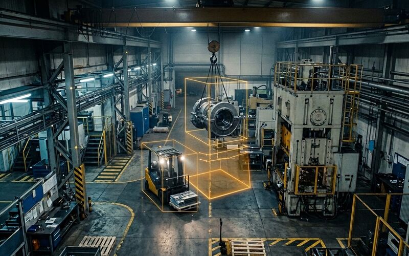 Gezer vinç, forklift ve pres çevresinde işaretlenmiş güvenlik bölgeleri