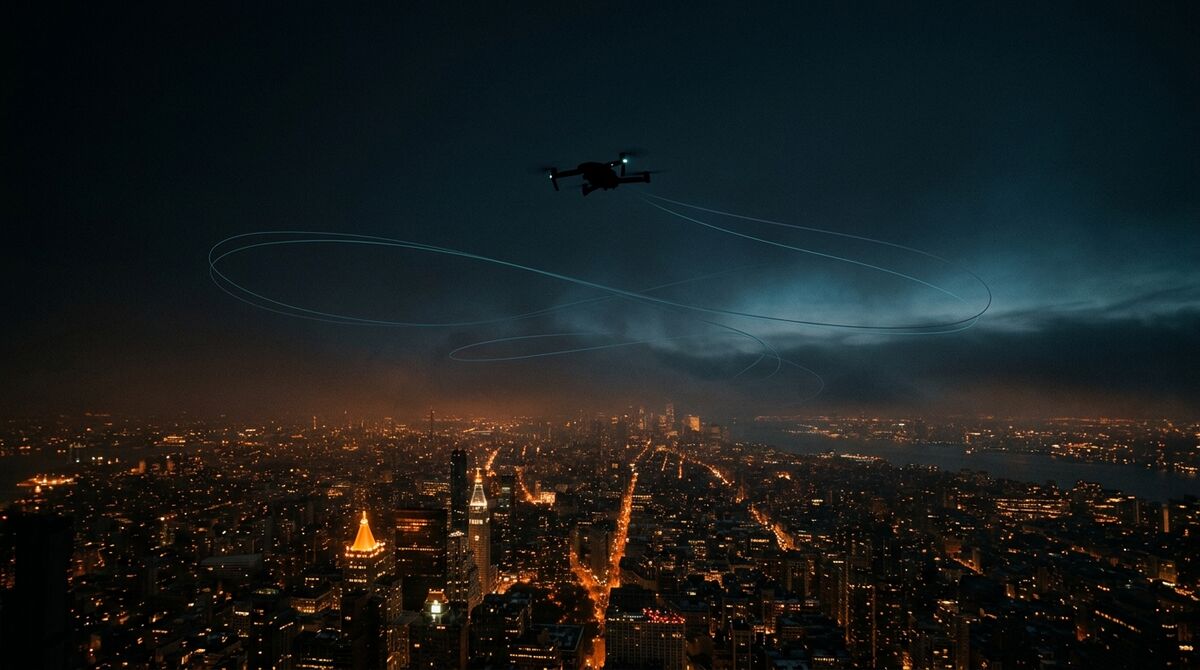 Gece şehir ışıkları üzerinde süzülen drone silueti